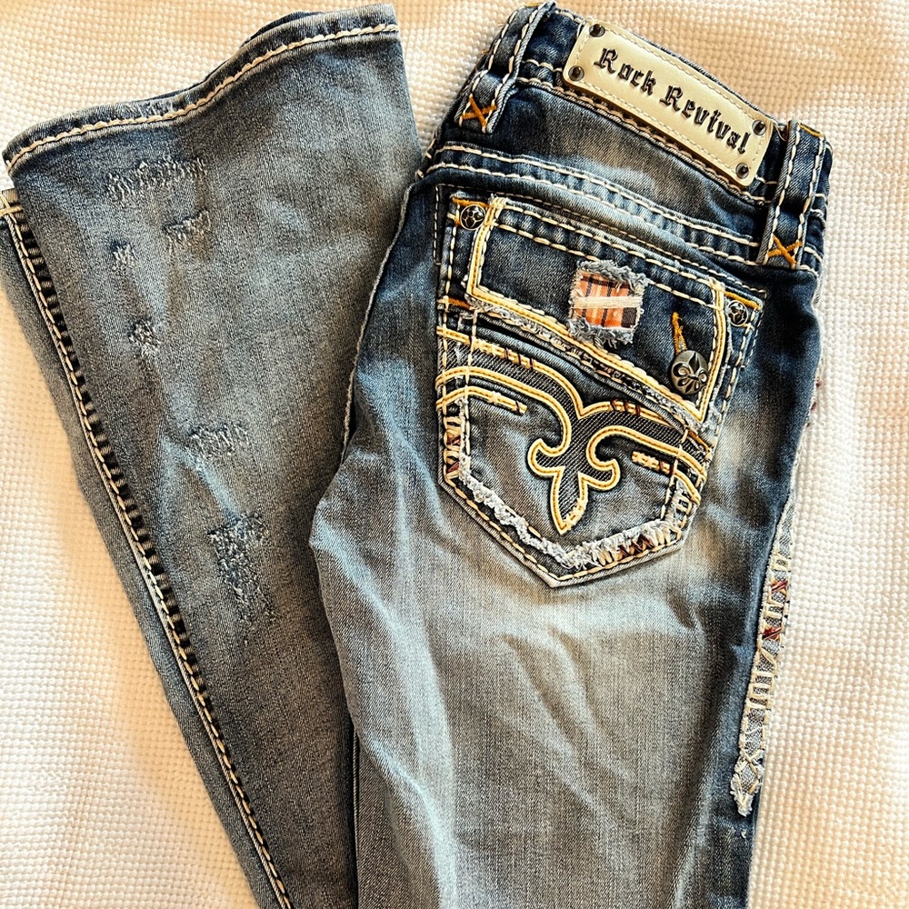 Rock Revival Light Blue Boot Cut Jeans with Embroidered Pocket